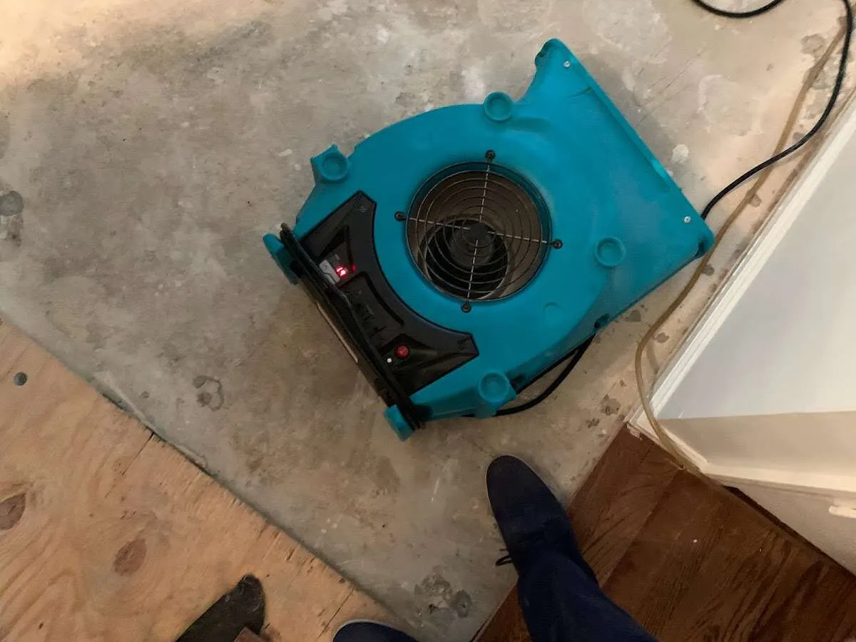 Air mover drying subfloor during Commercial Water Damage Restoration in Cockeysville